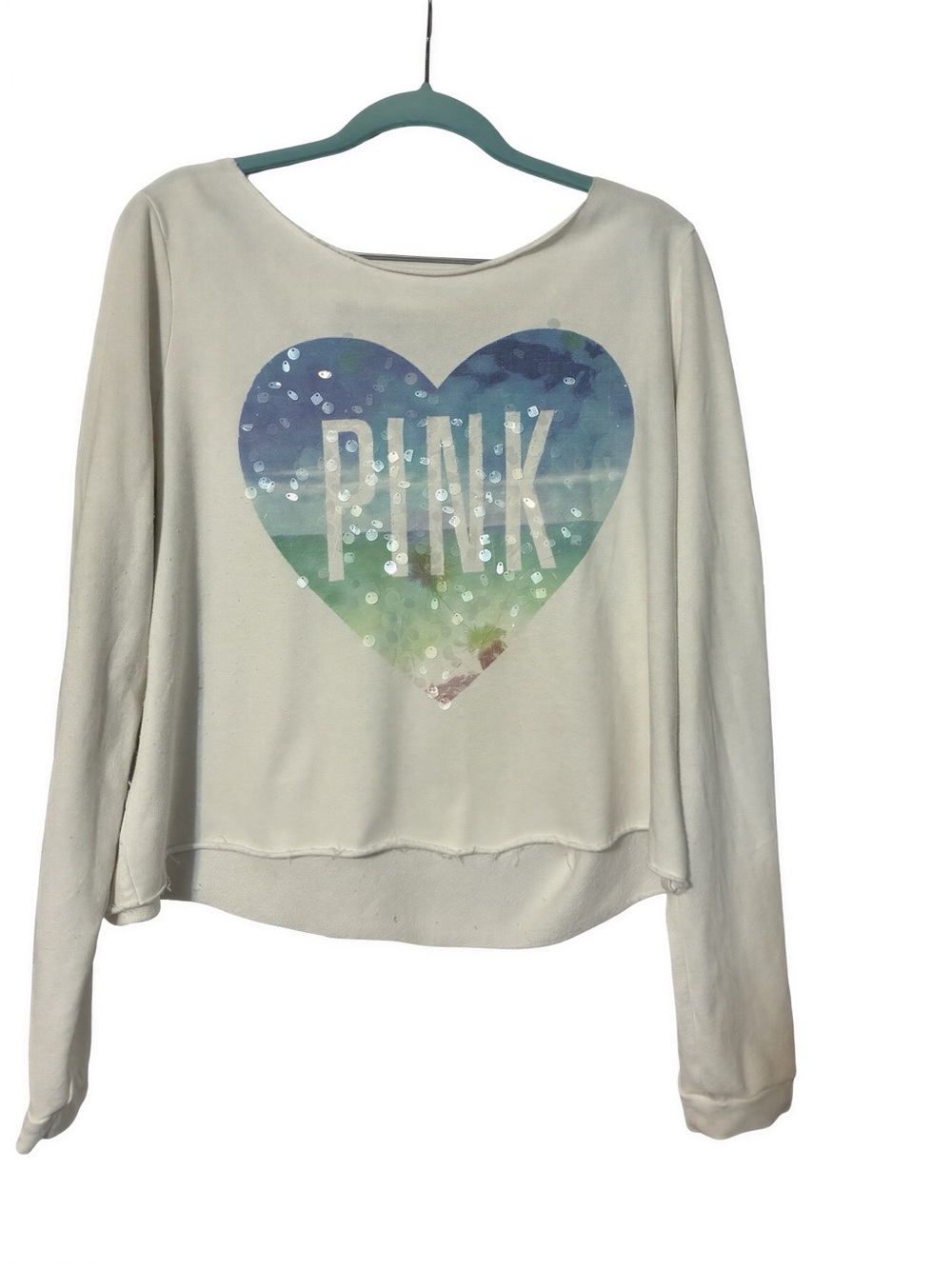 ✨Victoria's Secret PINK✨ sequin Beach Heart Off the Shoulder Sweatshirt size L